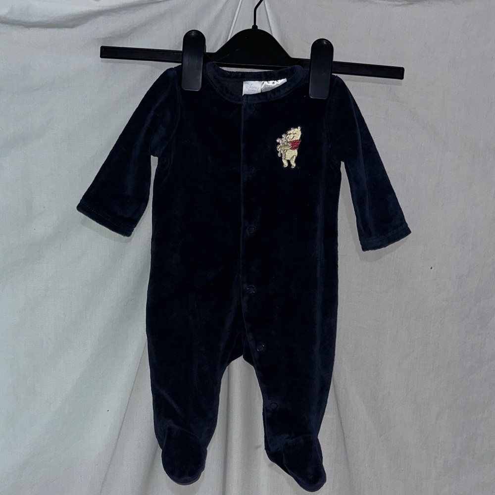 blue velvet Disney Baby Winnie the Pooh embroidered button up one piece 0/3m